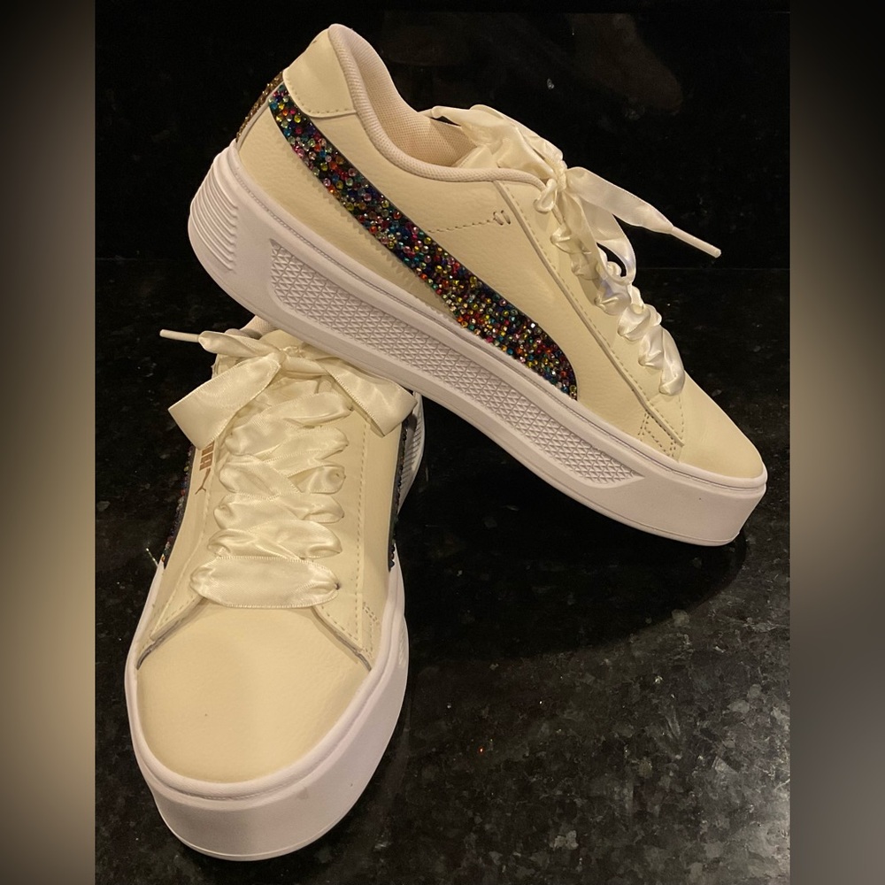 PUMA Smash V3 Platform Sneakers Size 8 & Rainbow SWAROVSKI stones Ribbon Ties - Picture 11 of 11